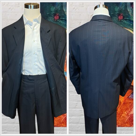 Vtg Austin Reed Mens 50L 43x29.5 Navy Blue Royal Cobalt Stripe Suit Virgin Wool - Picture 5 of 16